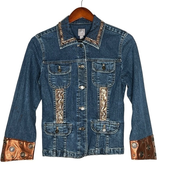 J. Jill Stretch Denim Jacket With Jewels & Metallic Gold Pattern Women's Size S - Picture 1 of 16